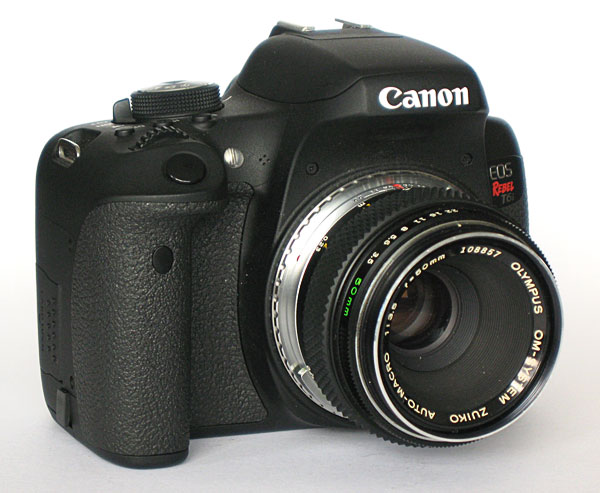 Olympus Zuiko Macro 50 mm f/3.5 mounted in Canon Rebel