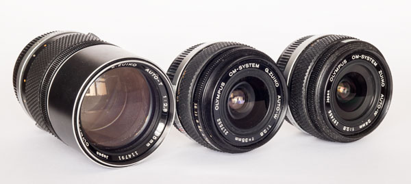 Olympus Zuiko lenses, 135mm f/2.8, 35 mm f/2.8, 24 mm f/2.8